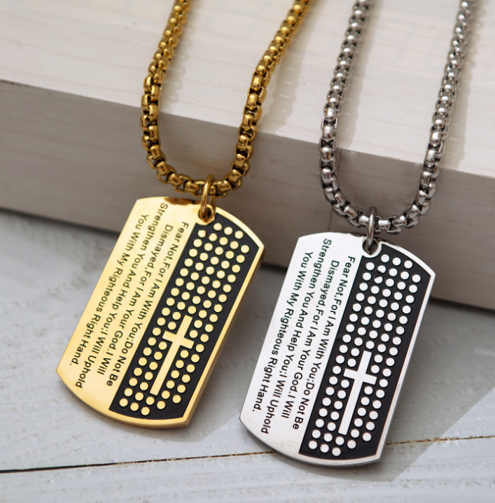 Dog Tag Cross Necklace & Pendant Gold Color Stainless Steel Chain Bible Verse Christian Jewelry For Men