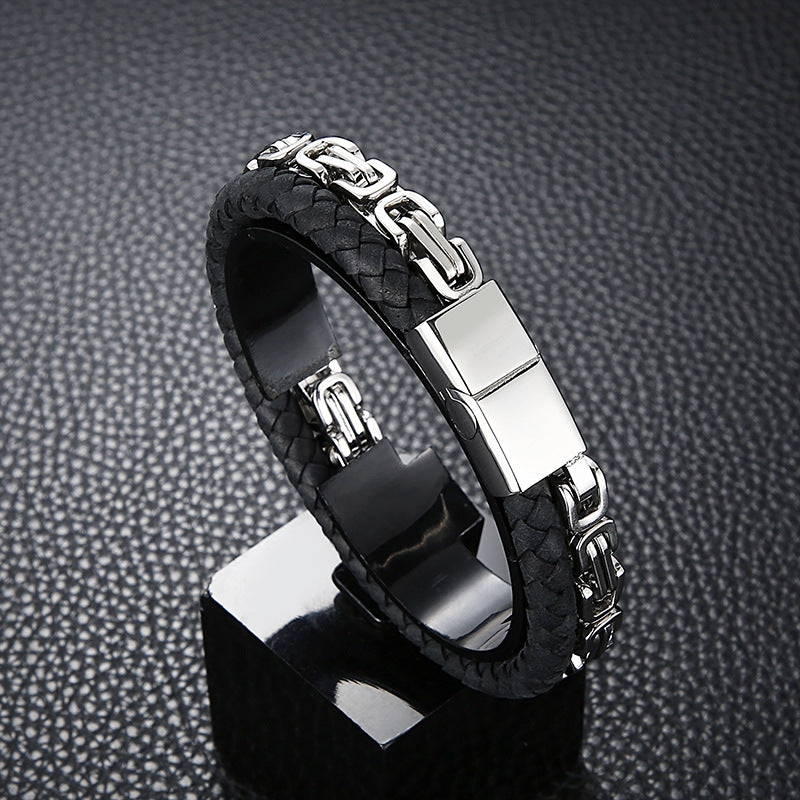 Stainless Steel Imperial Chain Thick Chain Braided Double Leather Bracelet
