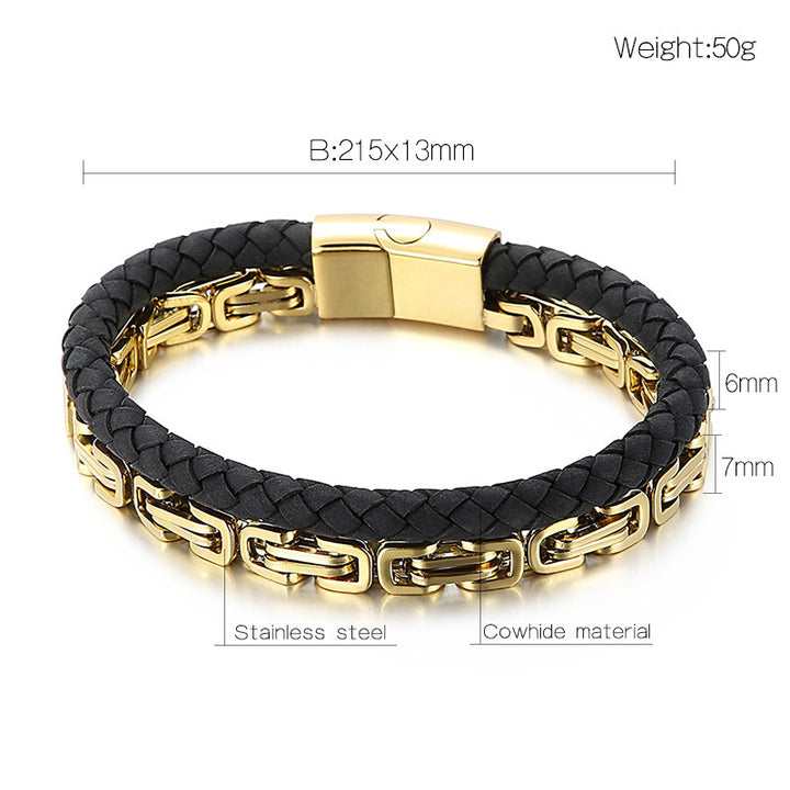 Stainless Steel Imperial Chain Thick Chain Braided Double Leather Bracelet